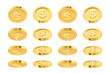 Dollar coin different position for animation, realistic golden money. Vector interface of financial assets, side and back, front look and perspective. Treasure and earnings, savings and assets