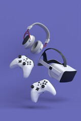 Poster - Flying gamer gears like VR glasses, headphones and joystick on purple background