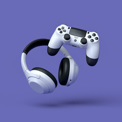 Poster - flying gamer gears like headset, headphones and joystick on purple background