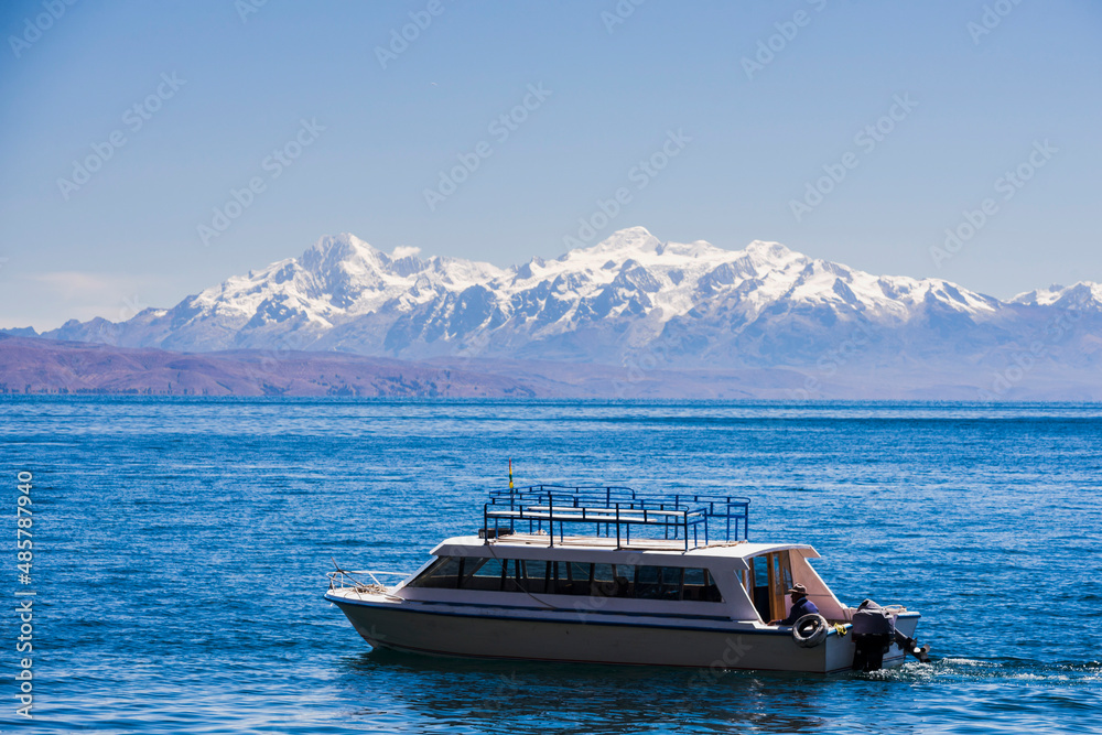 Lake Titicaca ferry with Cordillera Real Mountain Range behind, Isla ...