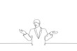 man stands spreading his arms to the sides - one line drawing vector. concept of embarrassment, indecision, failure and uncertainty