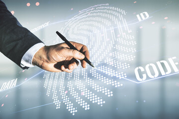 Poster - Multi exposure of programmer's hand with pen working with virtual abstract fingerprint illustration on blurred office background, digital access concept