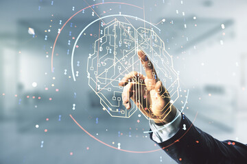 Aufkleber - Man hand clicks on virtual creative artificial Intelligence hologram with human brain sketch on blurred office background. Double exposure