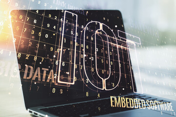 Poster - Creative IOT hologram on modern laptop background, internet of things concept. Multiexposure