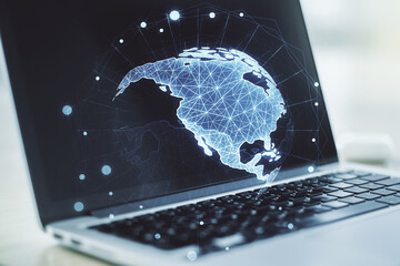 Poster - Double exposure of graphic America map on computer background, big data and digital technology concept
