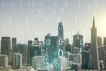 Leinwandbilder - Abstract virtual binary code hologram on San Francisco cityscape background, AI and machine learning concept. Multiexposure