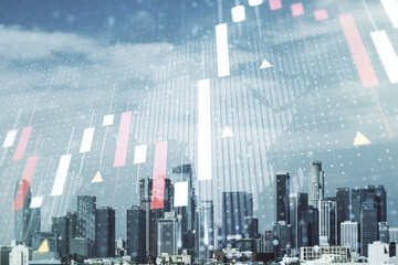 Multi exposure of virtual abstract financial graph hologram and world map on Los Angeles cityscape background, financial and trading concept