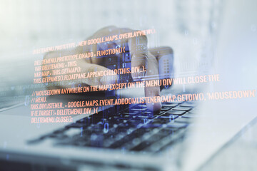 Fototapete - Double exposure of abstract creative programming illustration and hands typing on laptop on background, big data and blockchain concept