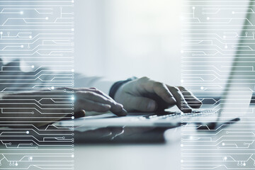 Poster - Creative concept of microscheme illustration and hands typing on laptop on background. Big data and database concept. Multiexposure