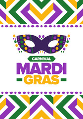 Mardi Gras Carnival in New Orleans. Fat Tuesday. Traditional folk festival with parade and celebration. Annual holiday. Costume masquerade, fun party. Carnival mask. Poster, card, banner. Vector