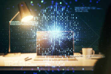 Poster - Creative code skull hologram on modern computer background, cybercrime and hacking concept. Multiexposure