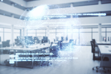 Poster - Double exposure of abstract programming language hologram and world map on modern corporate office background, research and development concept