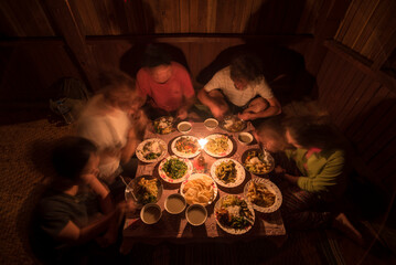 Wall Mural - Dinner at a Buddhist Monastery between Inle Lake and Kalaw on a popular 2 day trek, Shan State, Myanmar (Burma)