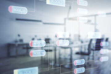 Poster - Double exposure of abstract creative programming illustration on a modern furnished office interior background, big data and blockchain concept