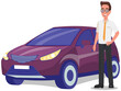 © robu_s - Businessman standing near modern car on white background in flat style. Automobile and man. Business concept with happy smiling vehicle owner. Success person driver and transportation, modern sedan