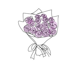 Bouquet of violet flowers continuous line drawing. One line art of decoration, flowers, tea roses, garden lilac flowers, bouquet, floristry, romance, relationship, love, peonies, dahlias, carnations.