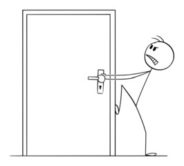 Sticker - Person Trying to Open Locked or Blocked Door , Vector Cartoon Stick Figure Illustration