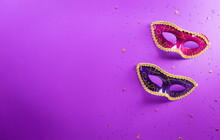 Happy Purim Carnival Decoration Concept Made From Mask And Sparkle Star On Purple Background. (Happy Purim In Hebrew, Jewish Holiday Celebrate)