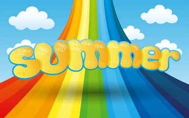Wall Mural - Summer illustration with bright rainbow in the blue sky.