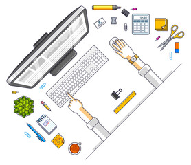 Fototapete - Office employee or entrepreneur work desk workplace with hands and PC computer and diverse stationery objects for work, top view. All elements are easy to use separately. Vector illustration.