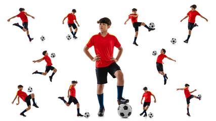 Wall Mural - Collage. Portraits of teen boy, football player in red uniform training, posing isolated over white background