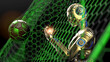 © DRN Studio - Black-green leather soccer ball and detailed appearance of the gold AI Robot with orange flash light. Concept image of sports technology. 3D illustration. 3D CG. 3D high quality rendering.