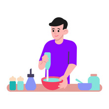 Man Mixing Ingredients With Mixer Vector Illustration