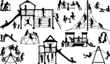 Children Girl And Boy Playing Different Games In The Playground Vector Silhouette Collection