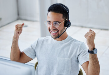 Poster - So close to hitting my target I can taste it. Shot of a young businessman working in a call center office helping a client.