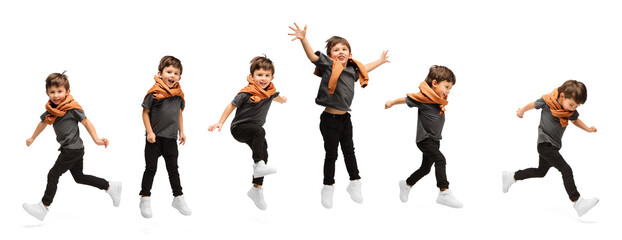 Wall Mural - Collage with images of little cute kid, happy boy jumping, running isolated on white studio background. Education, emotions, childhood concept.