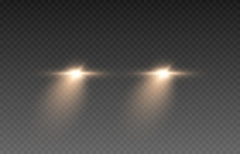 Vector Light From The Headlights PNG. Light From The Headlights Of A Car On An Isolated Transparent Background. Round Headlights, Yellow Light PNG. Road Lighting. PNG.