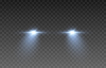 Vector Light From The Headlights PNG. Light From The Headlights Of A Car On An Isolated Transparent Background. Round Headlights, Blue Light PNG. Road Lighting. PNG.