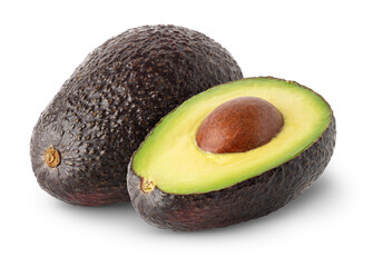 Wall Mural - Isolated avocados. One and a half of black avocado fruits isolated on white background with clipping path