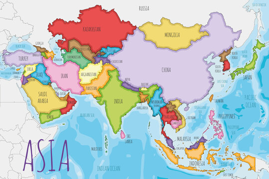 political asia map vector illustration with different colors for each country. editable and clearly 