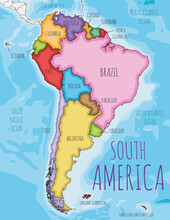 Political South America Map Vector Illustration With Different Colors For Each Country. Editable And Clearly Labeled Layers.