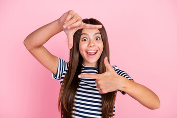 Poster - Photo of shiny excited girl wear striped outfit showing arms photo shot isolated pink color background