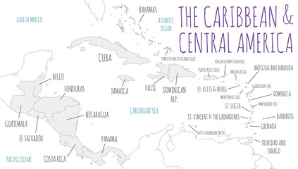  Political Caribbean and Central America Map vector illustration isolated in white background. Editable and clearly labeled layers.