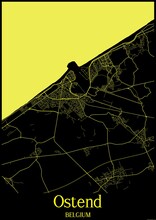 Black And Yellow Map Of Ostend Belgium.