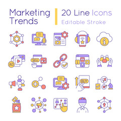 Poster - Marketing trends RGB color icons set. Modern techniques of advertising campaign. Isolated vector illustrations. Simple filled line drawings collection. Editable stroke. Quicksand-Light font used