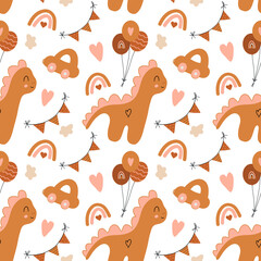 Dinosaur. Cute dino. Brown car. Clouds. Rainbows. Stars and hearts. Seamless pattern. Boho style decor. Print for fabric. 