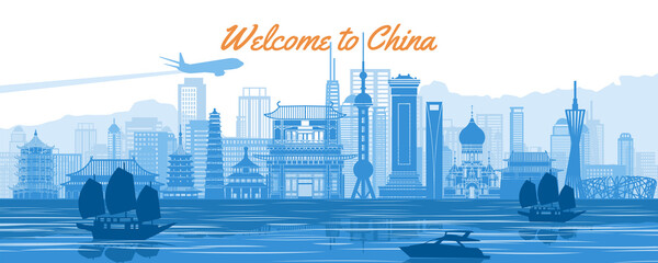 Wall Mural - China famous landmark landmarks silhouette style with blue and white color,vector illustration