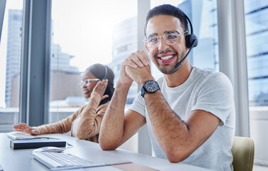 Poster - Teamwork makes the dream work flawlessly. Shot of male and female colleagues working together in their office at a call center.