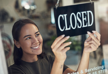 Aufkleber - Its been such a rewarding day. Shot of an attractive young woman standing and turning the sign on the door to her bicycle shop.