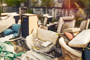 Big pile of old broken furnitures