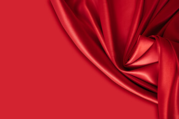 Wall Mural - Beautiful elegant wavy hot red satin silk luxury cloth fabric texture with monochrome background design. Wallpaper, banner or card with copy space.
