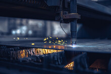 Close Up Fiber Laser Cutting CNC Machine Cuts Metal List. Making Metal Part. Workshop In Factory