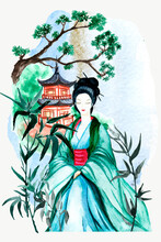 Watercolor Illustration Of A Girl And Bamboo. Poster, Calligraphy, Umbrella Japanese Style.Spring Picture With Branches Of An Oriental Cherry And Two Girls