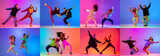 Collage. Young active people dancing contemp, hip-hop in casual cloth isolated over blue background in neon light