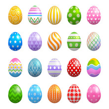 Set Of Colorful Easter Eggs With Different Colors And Decorations