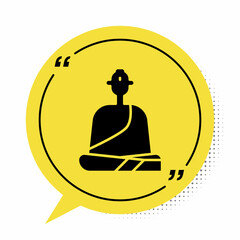 Sticker - Black Buddhist monk in robes sitting in meditation icon isolated on white background. Yellow speech bubble symbol. Vector Illustration